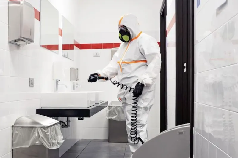 Técnico con traje y máscara de protección desinfectando un baño